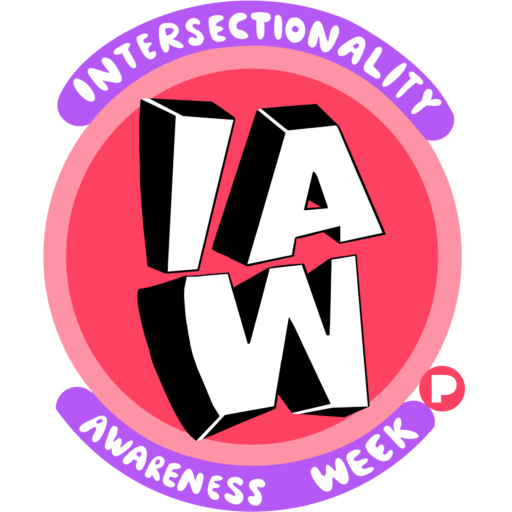 Intersectionality awareness week logo. A big, bright pink circle with a lighter pink outline. Inside the circle are the letters IAW